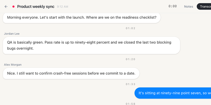 Routines recording a meeting: the live transcript of a product sync, with the red recording dot in the header.
