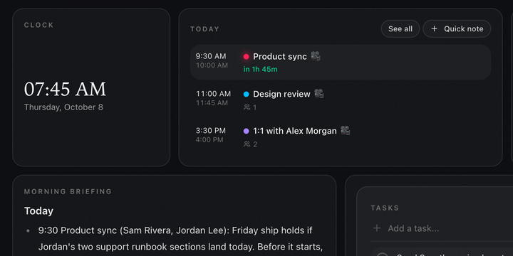 A customized Routines Home: a clock, today's meeting and the Morning Briefing routine output next to the task list.