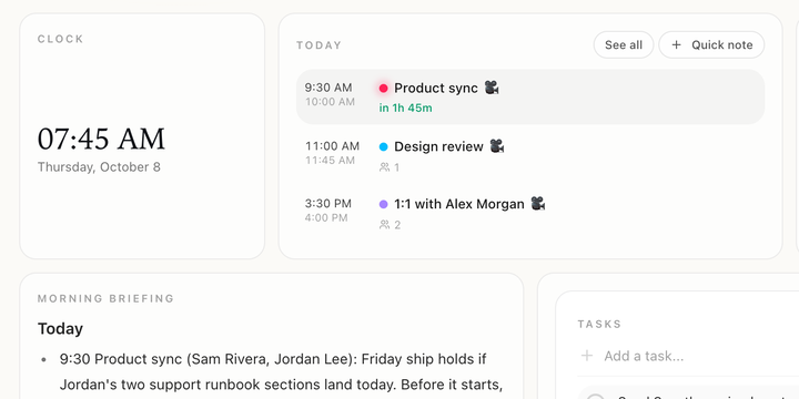 A customized Routines Home: a clock, today's meeting and the Morning Briefing routine output next to the task list.