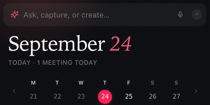 The Routines menu-bar popover: an ask bar above today's date and a week calendar strip.