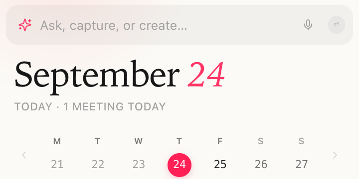 The Routines menu-bar popover: an ask bar above today's date and a week calendar strip.
