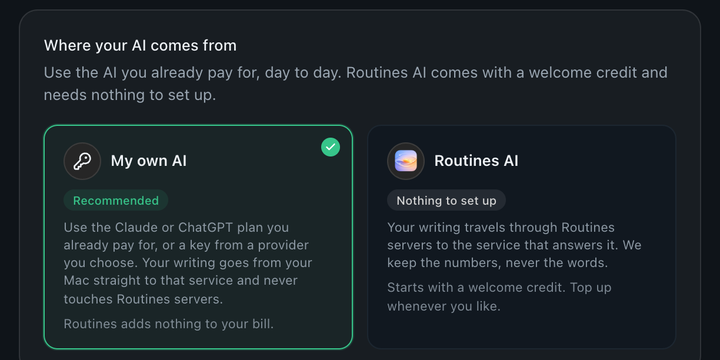 Routines settings: choose where your AI comes from, your own AI plan or key, or Routines AI.