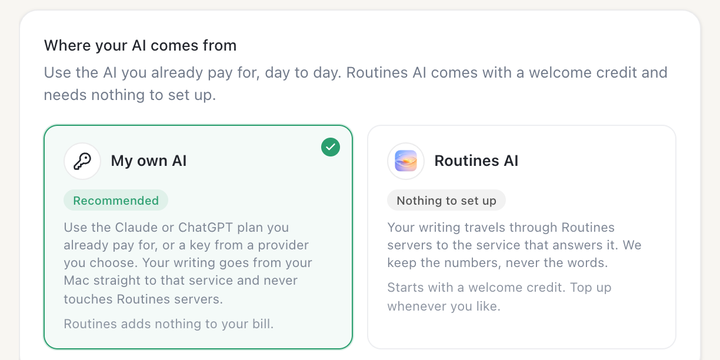Routines settings: choose where your AI comes from, your own AI plan or key, or Routines AI.