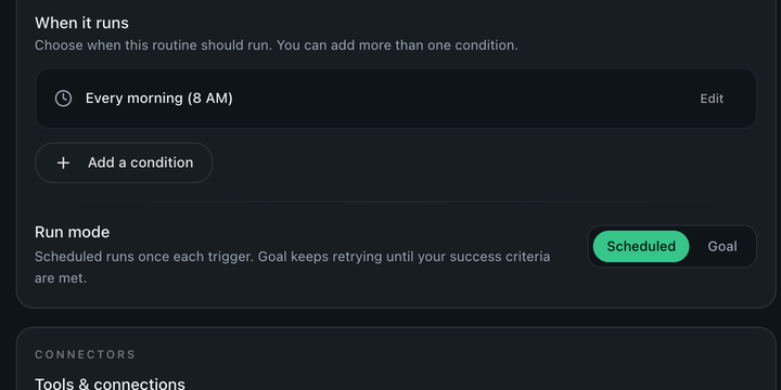 Routines' schedule settings: a routine set to run every morning at 8 AM, with an option to add a condition and the Scheduled run mode selected.