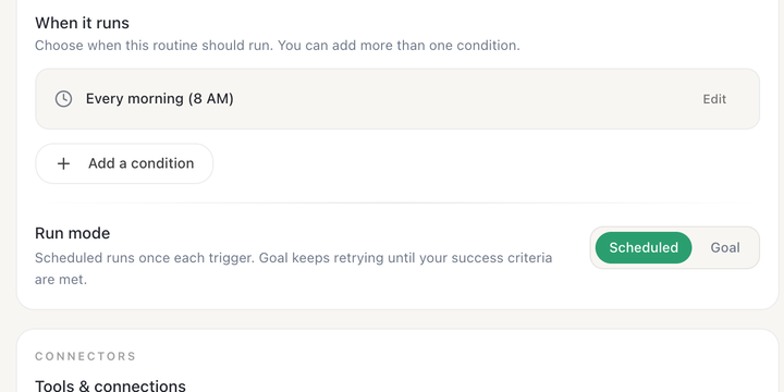 Routines' schedule settings: a routine set to run every morning at 8 AM, with an option to add a condition and the Scheduled run mode selected.