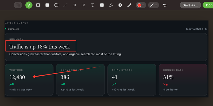 Routines' screenshot editor: a capture of a traffic report with a red box around the headline and an arrow pointing to the visitor count.