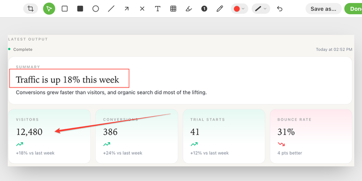 Routines' screenshot editor: a capture of a traffic report with a red box around the headline and an arrow pointing to the visitor count.