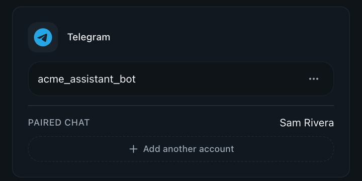 Routines Telegram settings: a connected bot paired with a chat.