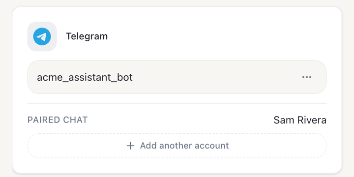 Routines Telegram settings: a connected bot paired with a chat.