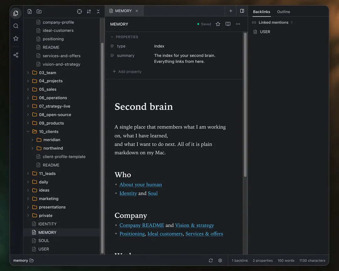 The Routines workspace: a folder tree of markdown notes beside an open note titled Second brain.