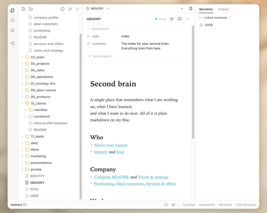 The Routines workspace: a folder tree of markdown notes beside an open note titled Second brain.