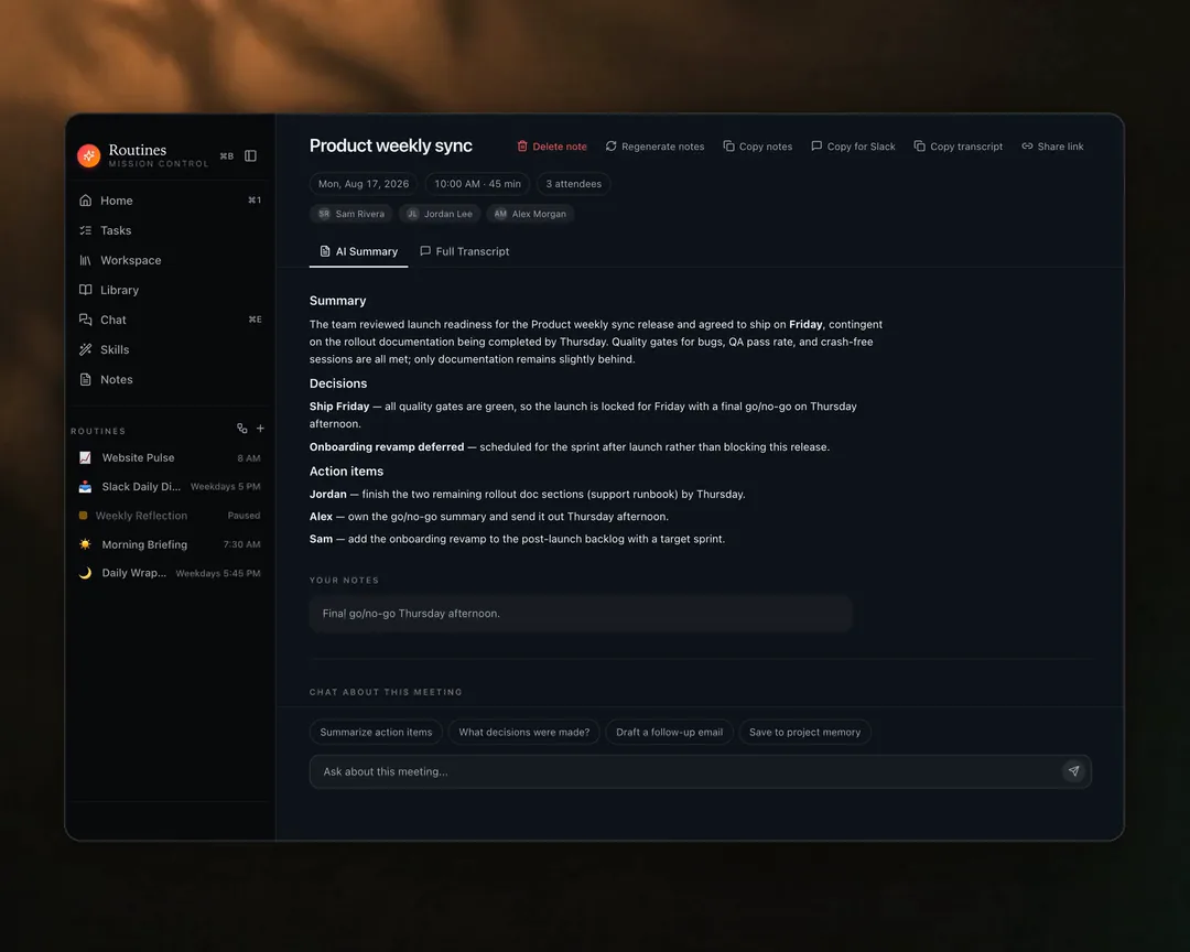 A recorded meeting in Routines, Product weekly sync, with its AI summary and action items, beside the workspace folder of markdown notes.