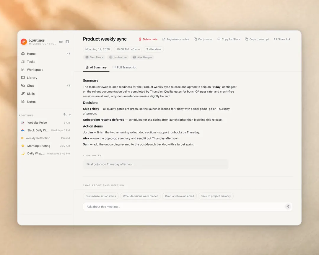 A recorded meeting in Routines, Product weekly sync, with its AI summary and action items, beside the workspace folder of markdown notes.