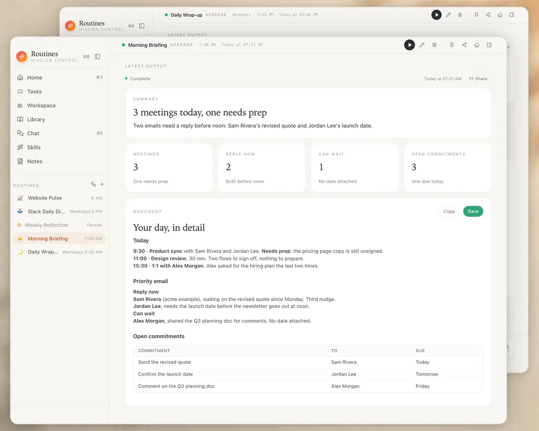 Two Routines outputs: the Morning Briefing with today's meetings, emails and open commitments, and the Daily Wrap-up behind it.