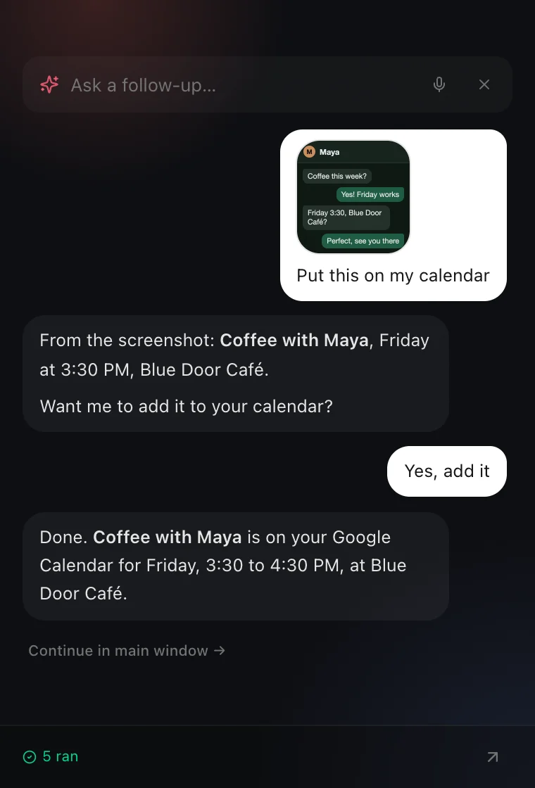 The Routines popover in dark mode. A pasted chat screenshot with "Put this on my calendar", a reply that reads Coffee with Maya, Friday at 3:30 PM, Blue Door Café and asks to add it, then "Yes, add it" and the event added to Google Calendar.