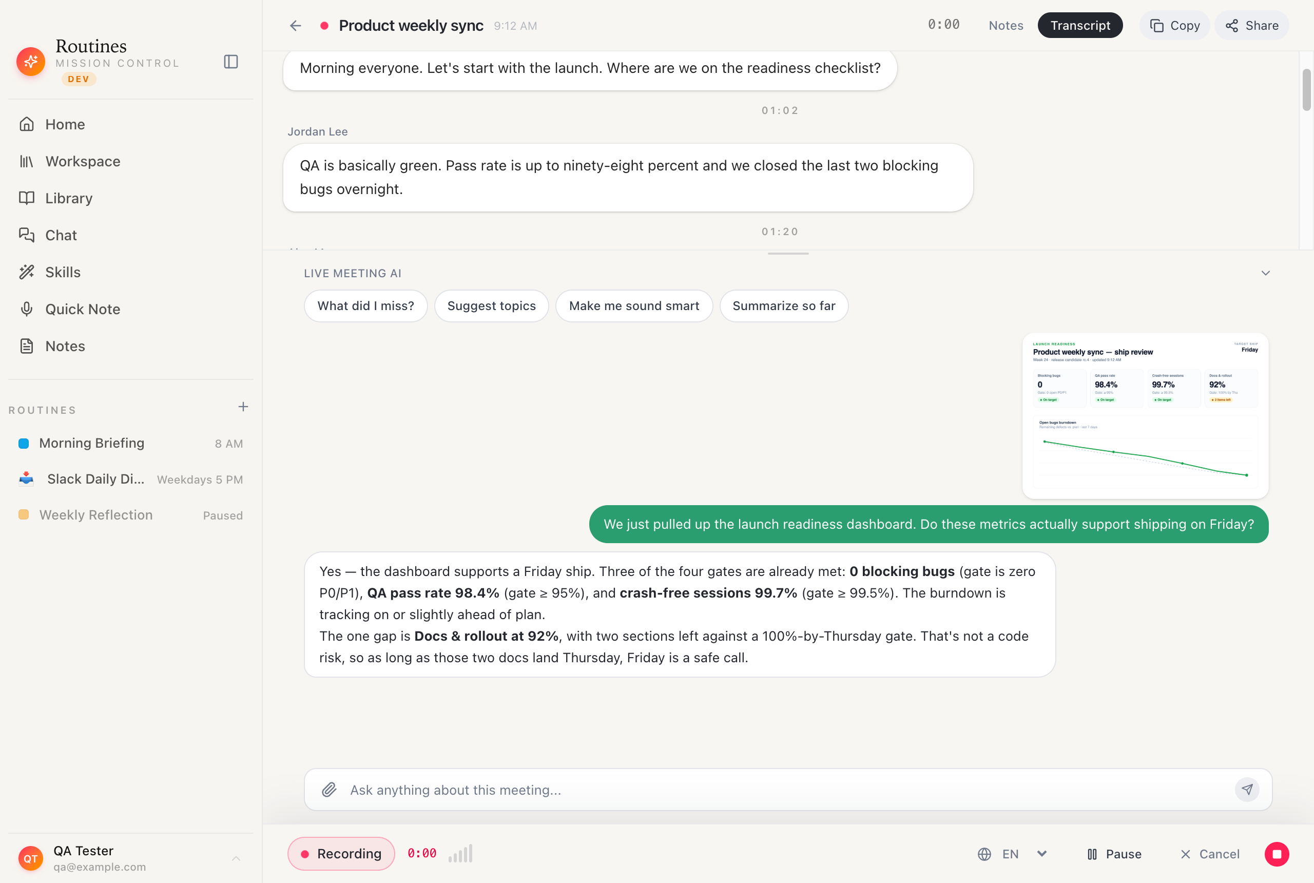 Routines meeting chat with a launch readiness dashboard image attached, and the AI reading the chart to answer whether the metrics support shipping on Friday