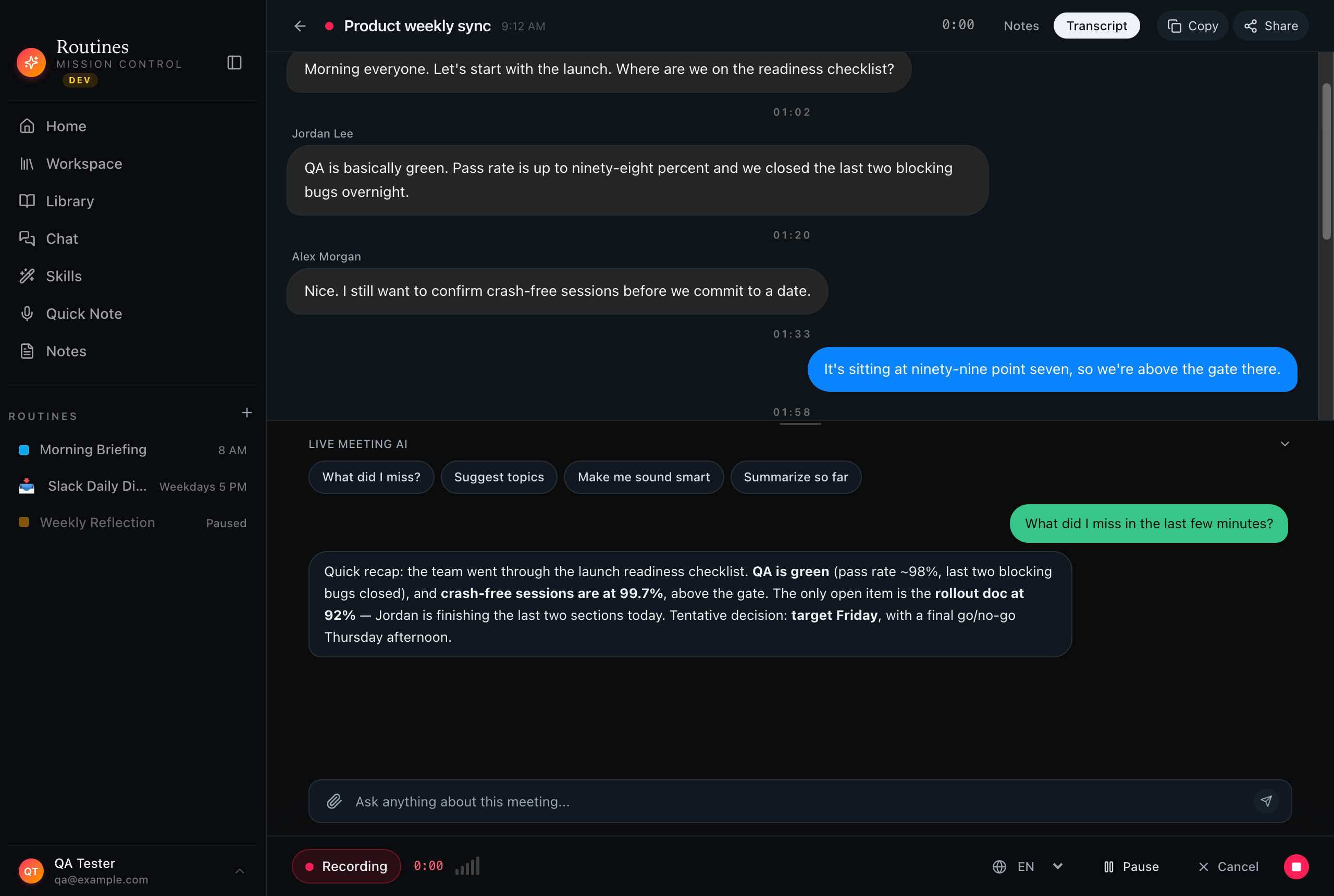 Routines recording a meeting called Product weekly sync, with a live transcript and the Live Meeting AI chat answering the question what did I miss in the last few minutes
