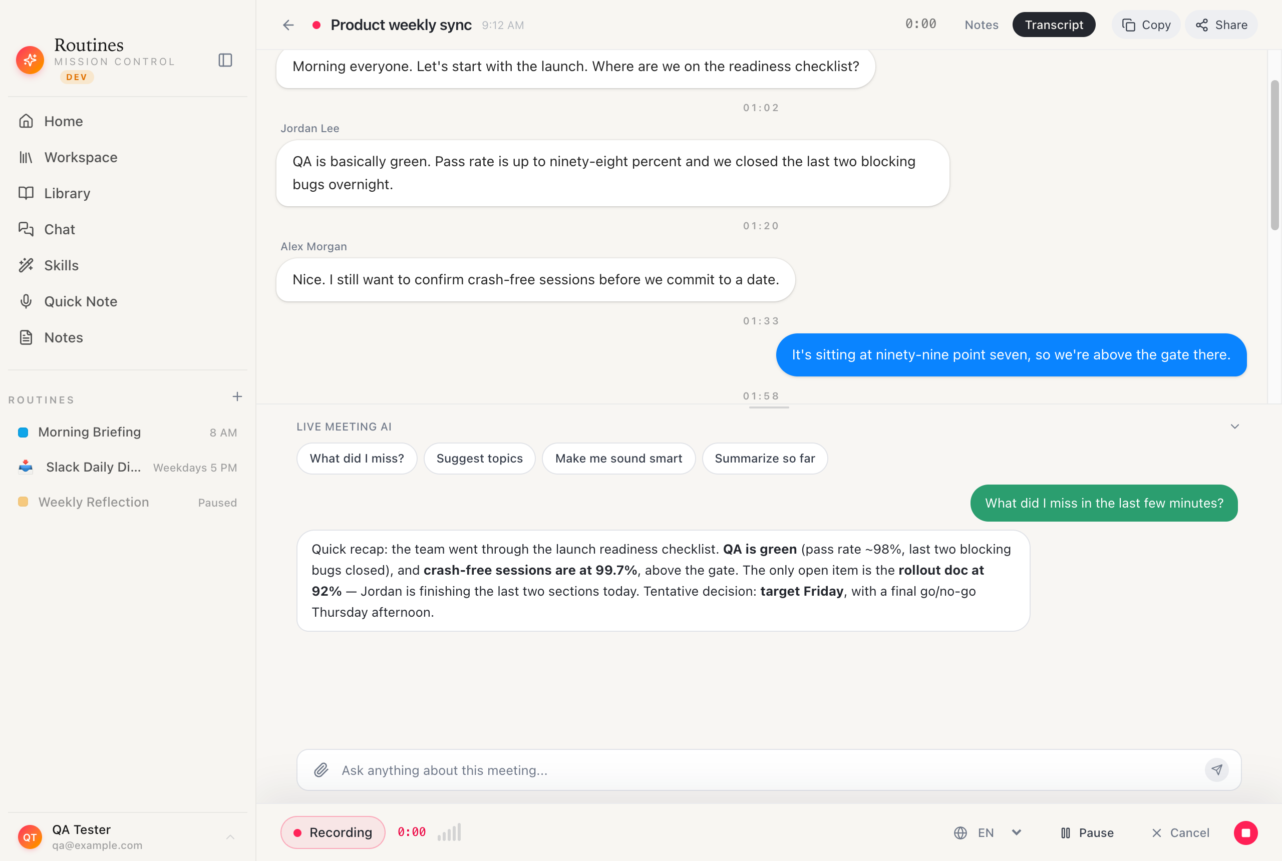 Routines recording a meeting called Product weekly sync, with a live transcript and the Live Meeting AI chat answering the question what did I miss in the last few minutes