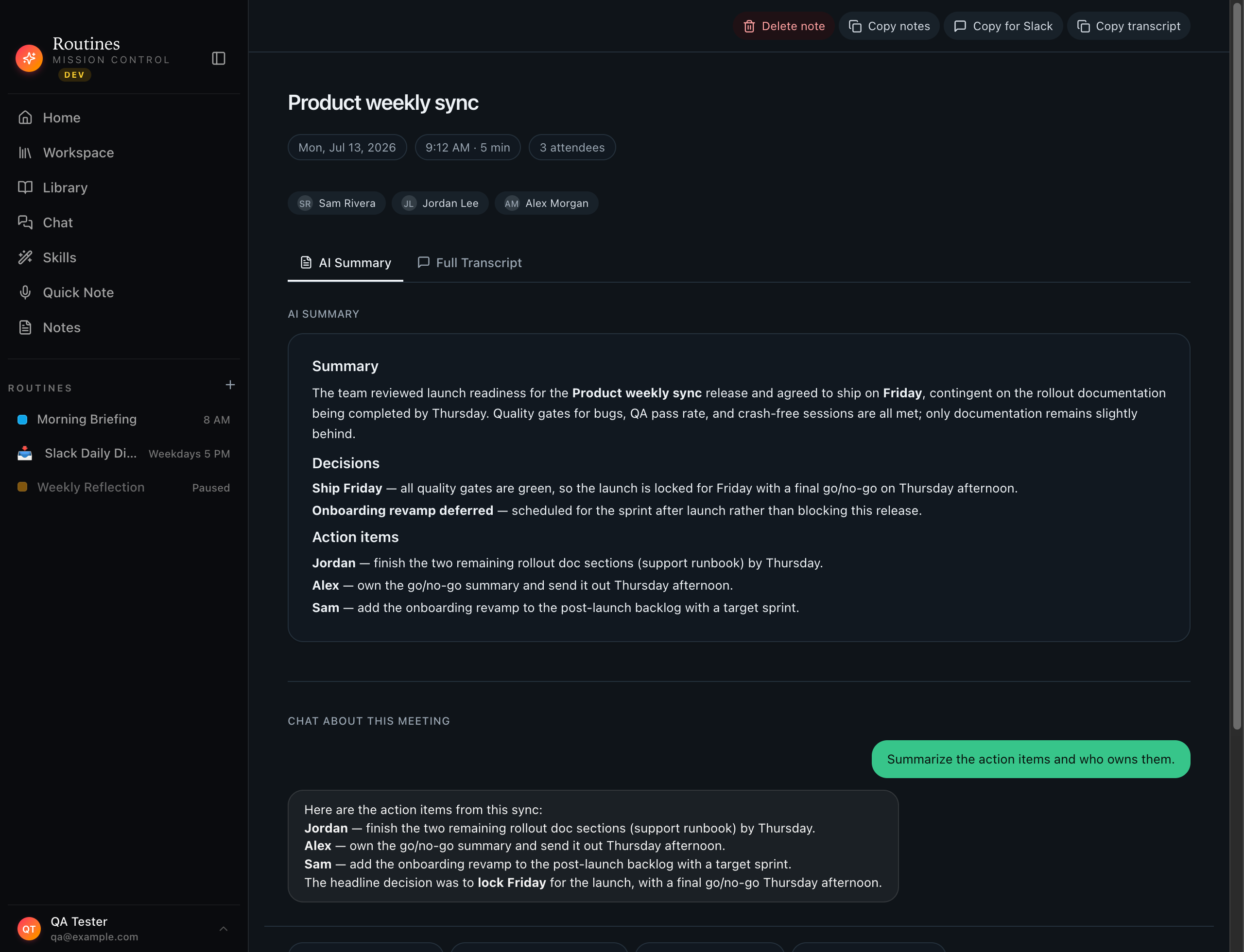 A finished Routines meeting called Product weekly sync showing the AI summary with decisions and action items for Alex, Jordan, and Sam, plus a chat about the meeting