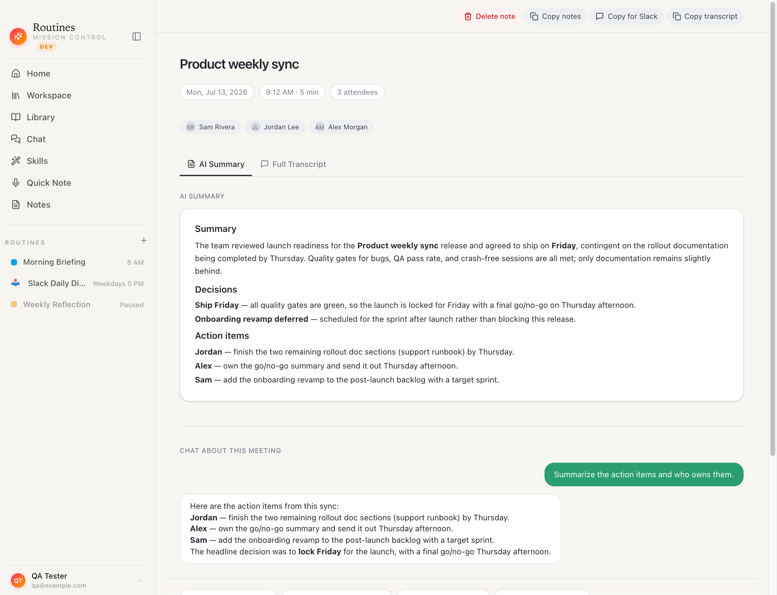 A finished Routines meeting called Product weekly sync showing the AI summary with decisions and action items for Alex, Jordan, and Sam, plus a chat about the meeting