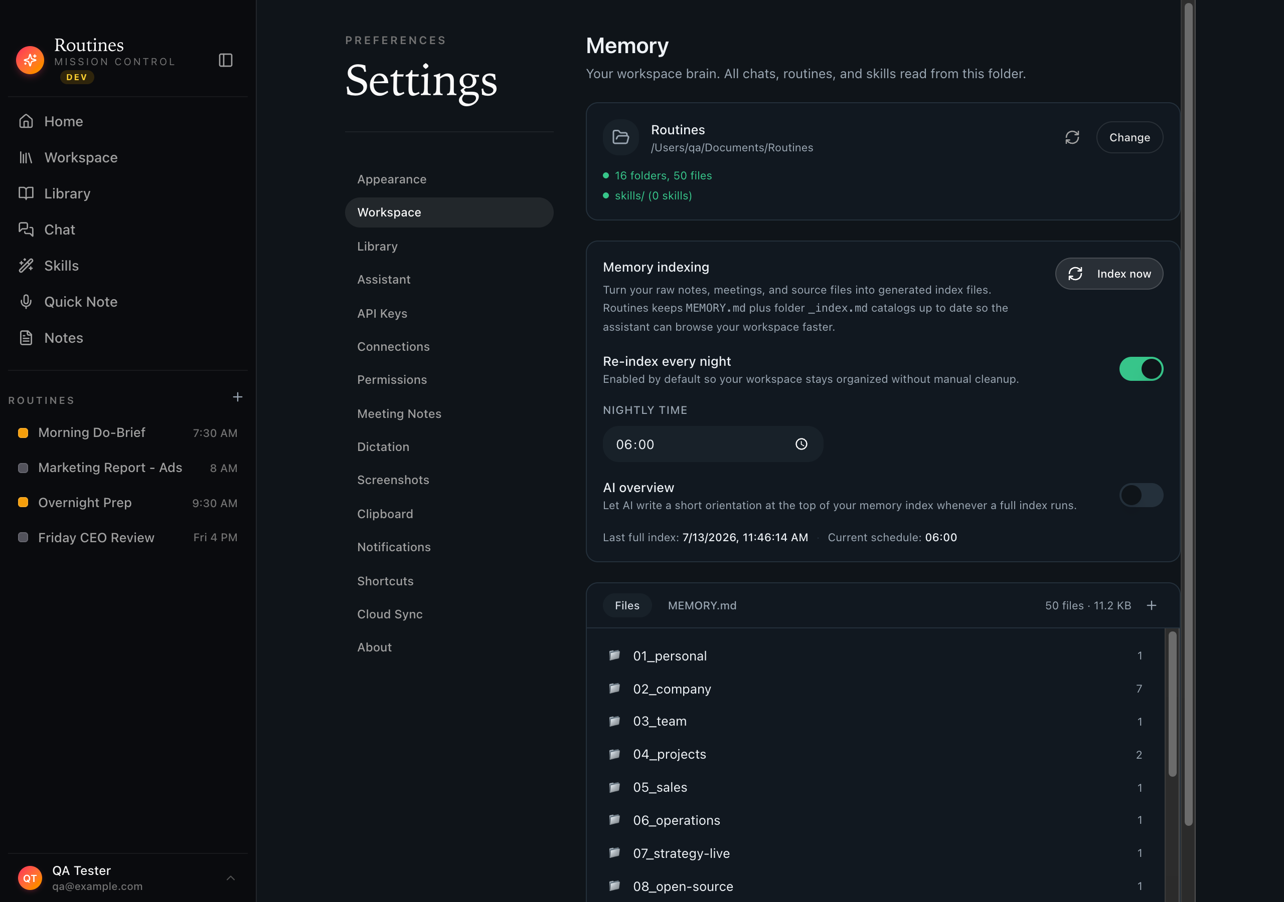 The Routines Workspace settings showing Memory indexing with an Index now button, a Re-index every night toggle turned on, a nightly time set to 06:00, and a per-folder file list of the workspace showing numbered organization folders 01_personal through 08_open-source with their file counts