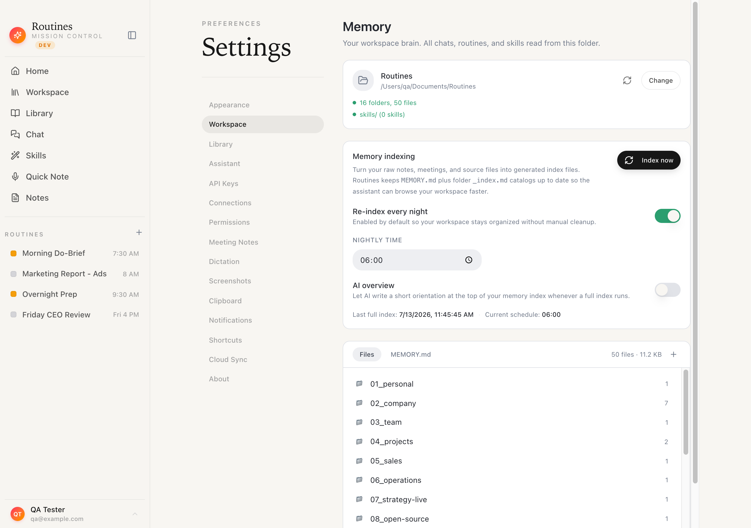 The Routines Workspace settings showing Memory indexing with an Index now button, a Re-index every night toggle turned on, a nightly time set to 06:00, and a per-folder file list of the workspace showing numbered organization folders 01_personal through 08_open-source with their file counts