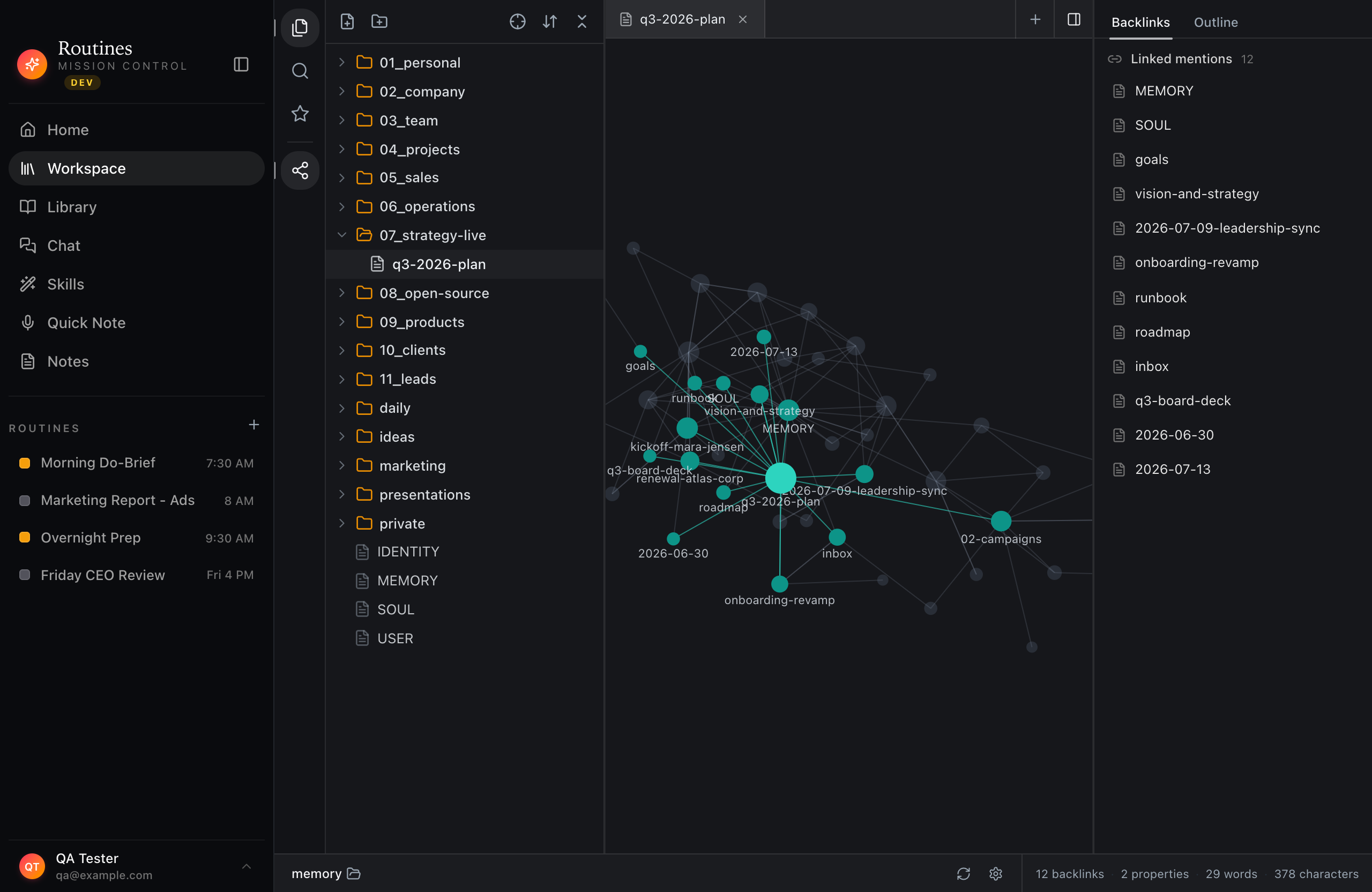 Routines local knowledge graph on macOS linking markdown memory notes into a connected second brain, all stored on the user's Mac