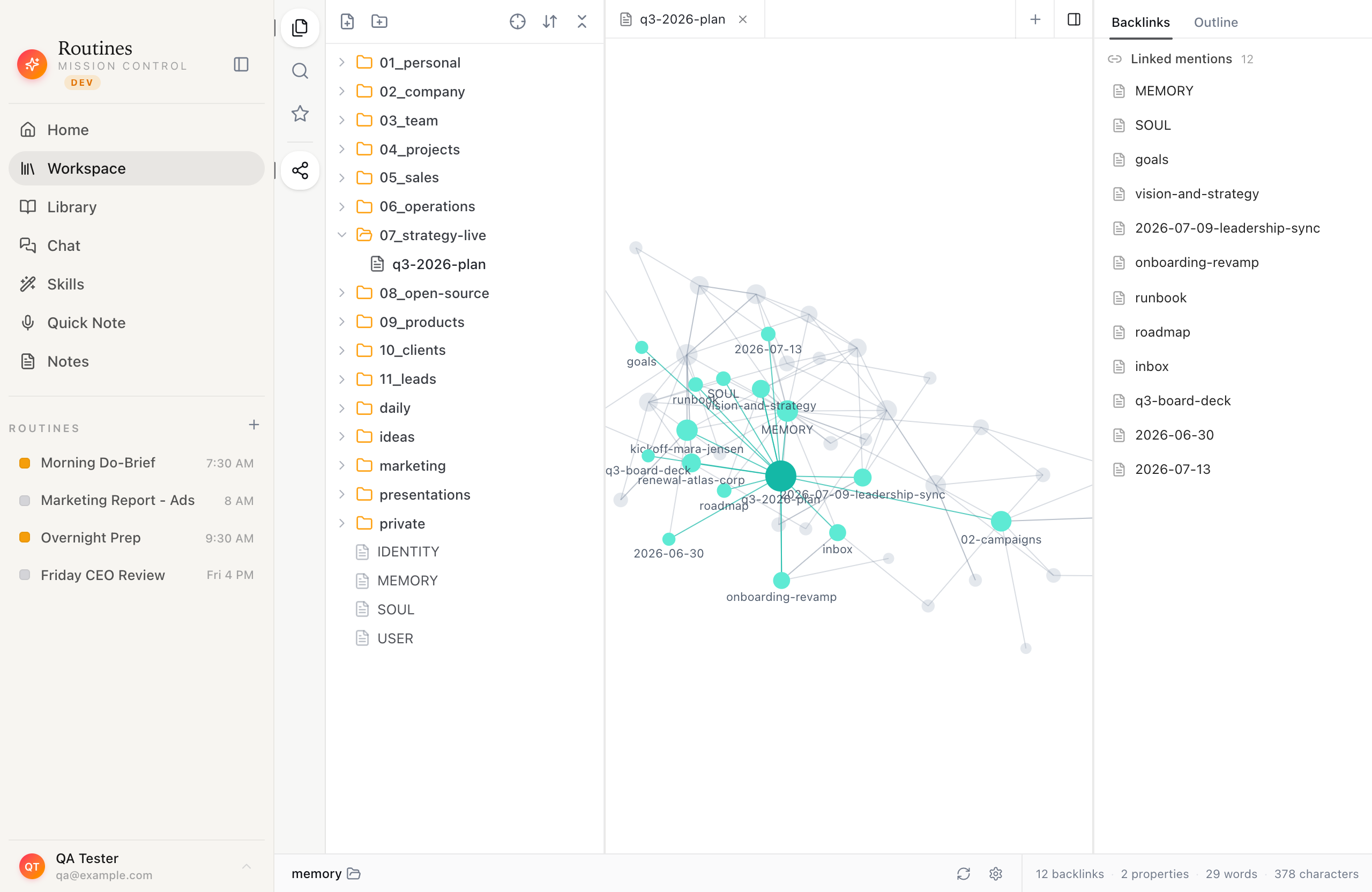 Routines local knowledge graph on macOS linking markdown memory notes into a connected second brain, all stored on the user's Mac