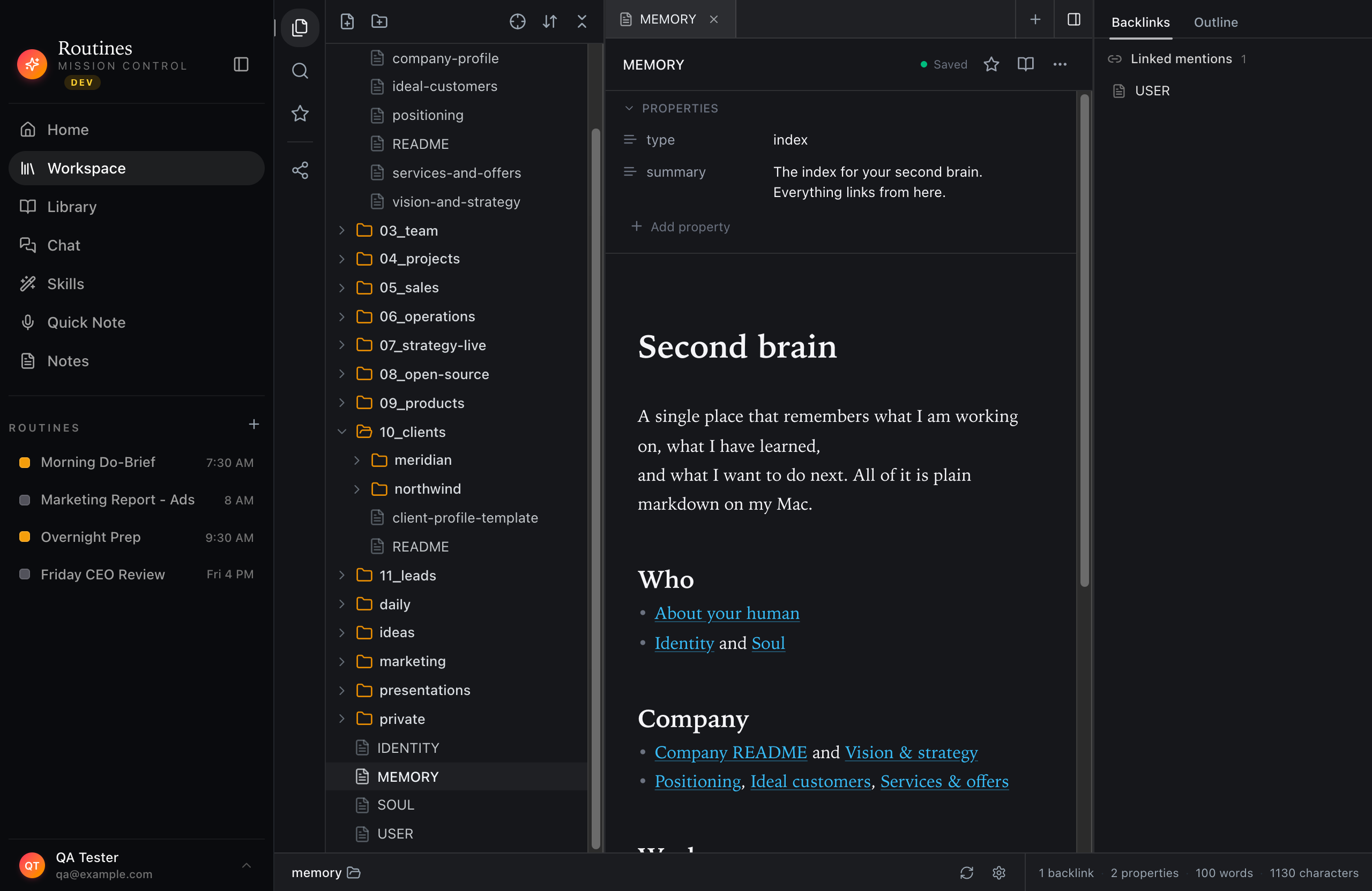 Routines workspace vault on macOS browsing a local markdown second brain of memory notes and routine outputs stored on the user's Mac
