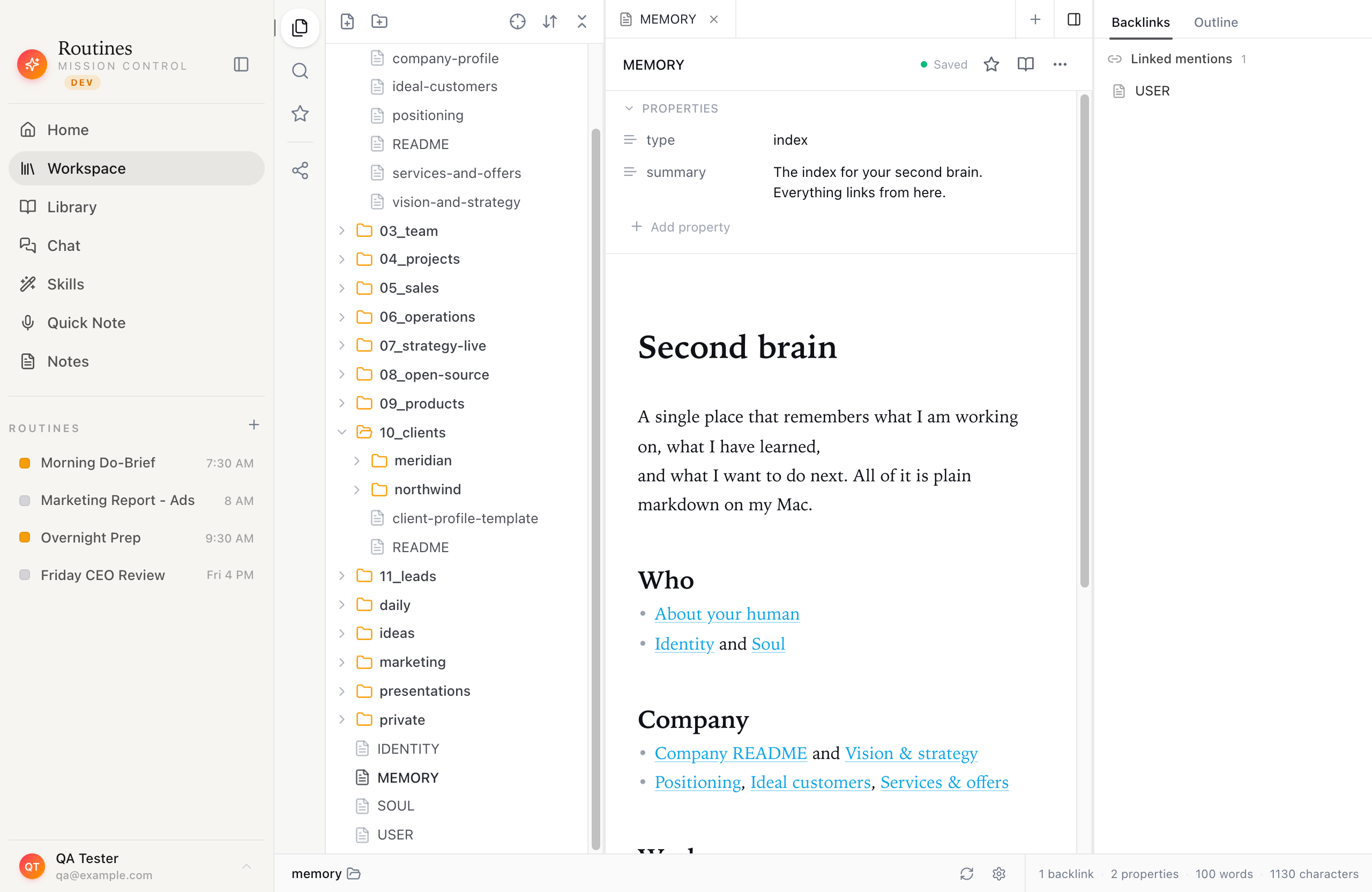 The Routines workspace on macOS showing a local markdown vault of notes and folders stored on the user's own Mac