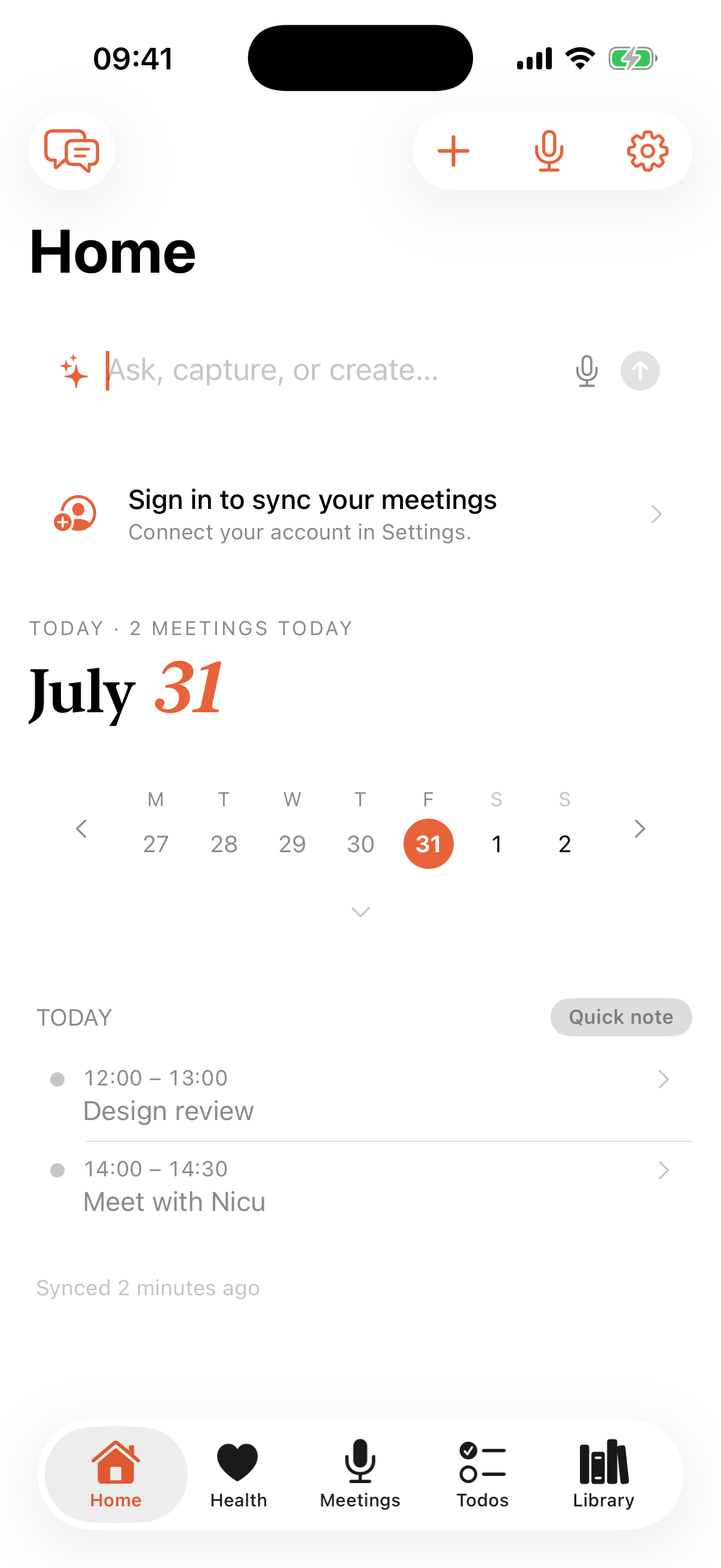 אותו מסך בית של Routines ל-iOS מיד אחרי הקשה על Add, כשתיבת הכתיבה התרוקנה וחזרה לטקסט הרמז ״Ask, capture, or create...״, בלי כרטיס תצוגה מקדימה על המסך, והיום מציג עכשיו שתי פגישות, Design review בין 12:00 ל-13:00 והאירוע החדש Meet with Nicu בין 14:00 ל-14:30, ברשימת היום שמתחת לכותרת התאריך July 31