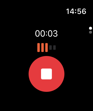 Routines recording on Apple Watch: an elapsed timer reading 00:03, five level bars with three lit in orange, and a red stop button below.