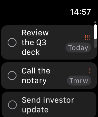 The todos page on Routines for Apple Watch: rows reading Review the Q3 deck with three exclamation marks and a Today chip, Call the notary with one exclamation mark and a Tmrw chip, and Send investor update, each with a tap-to-check circle.