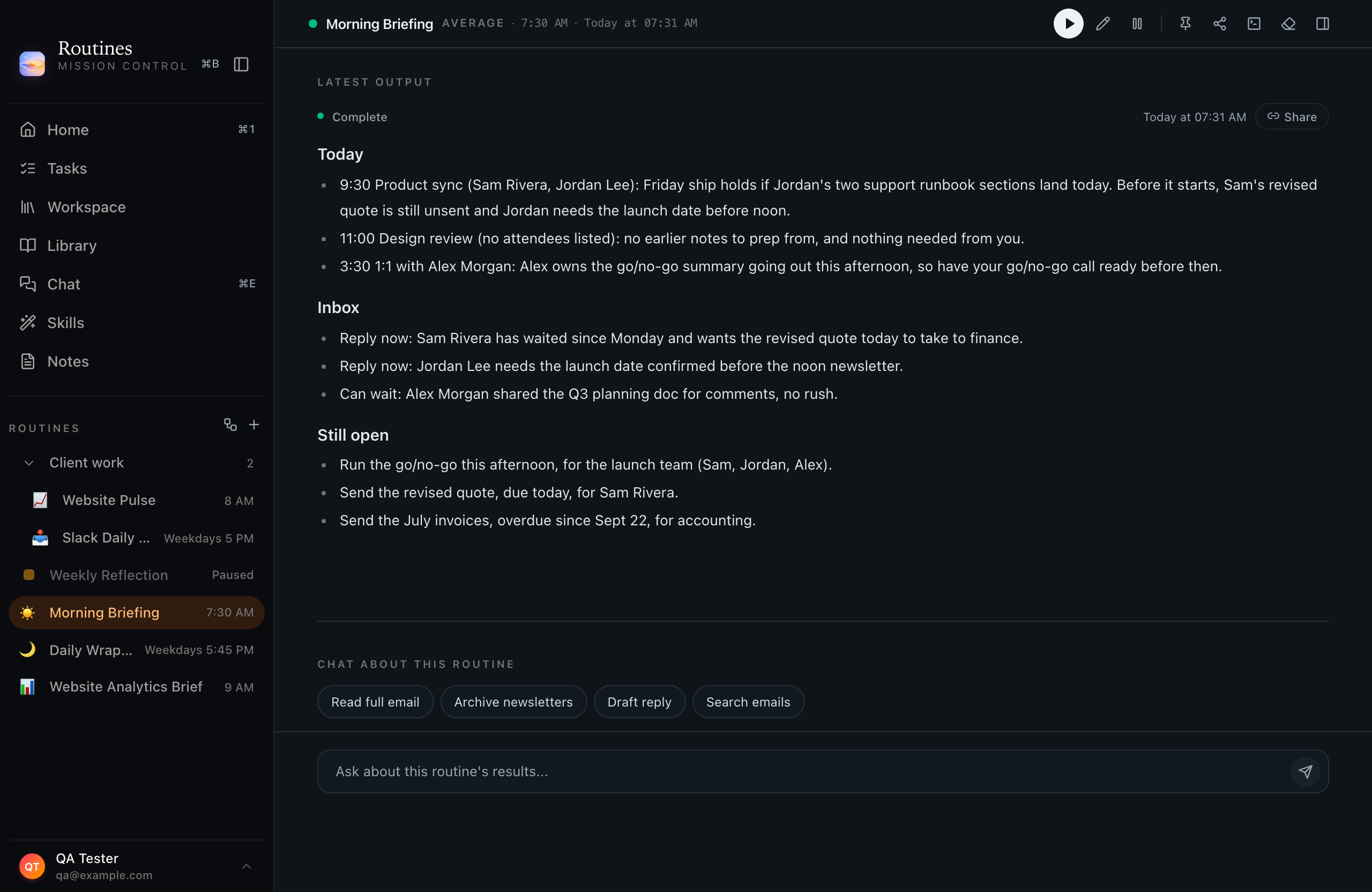 The Morning Briefing routine in the Routines app, showing the output of its 07:31 run.
