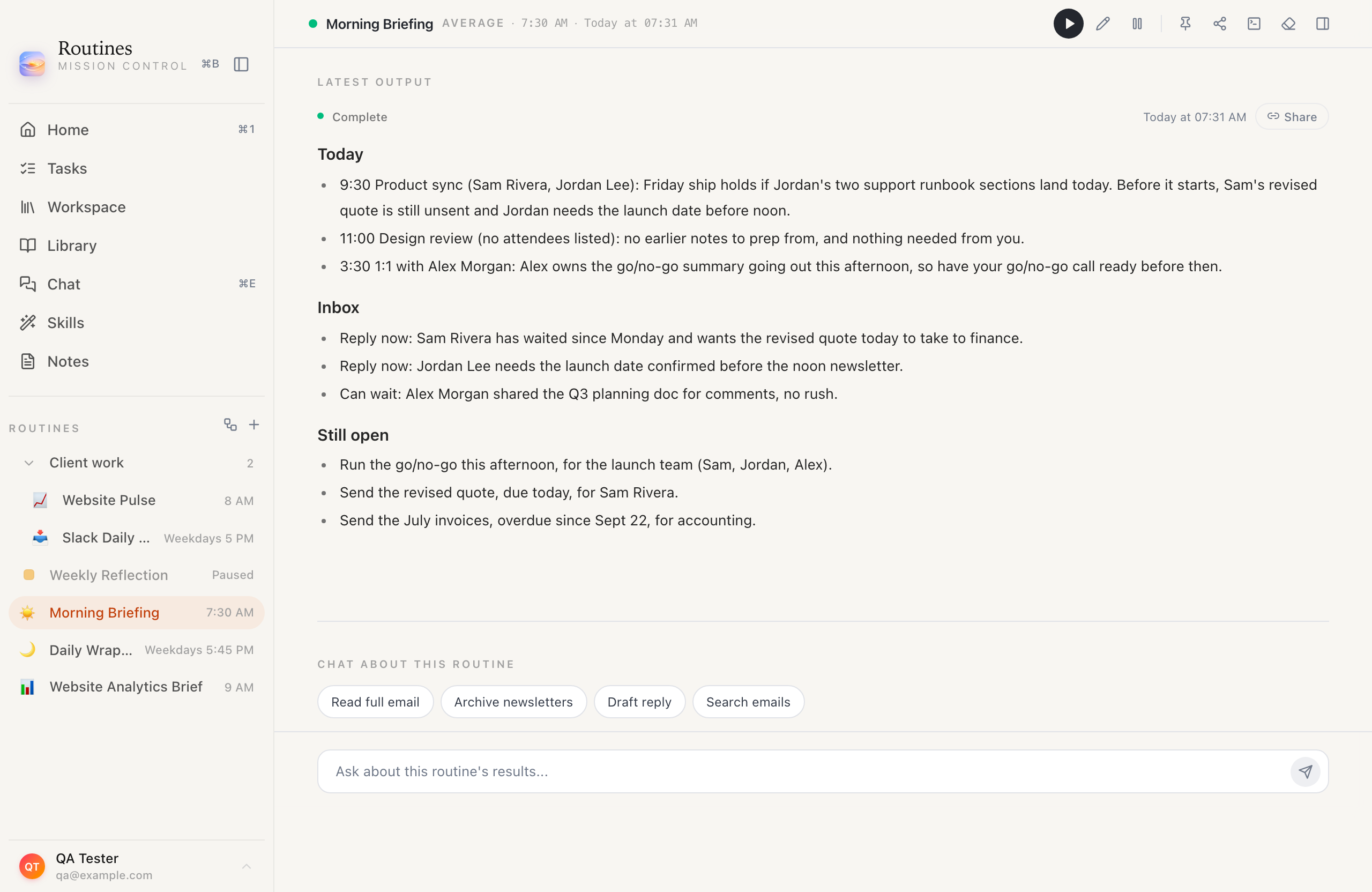 The Morning Briefing routine in the Routines app, showing the output of its 07:31 run.
