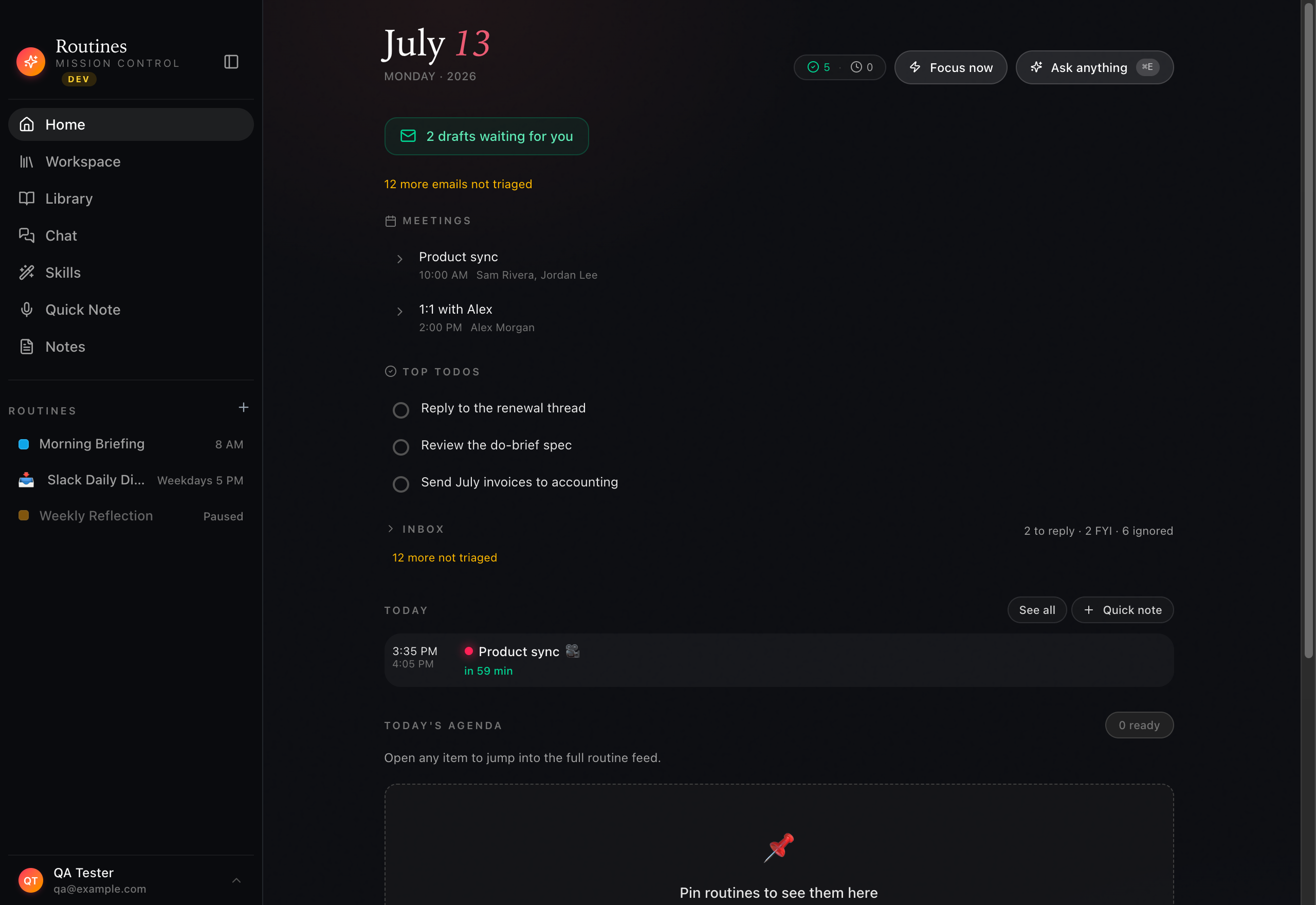The Routines home screen with a sidebar of scheduled routines — Morning Briefing daily at 8 AM, Slack Daily Digest, and Weekly Reflection — alongside the day's agenda and meetings