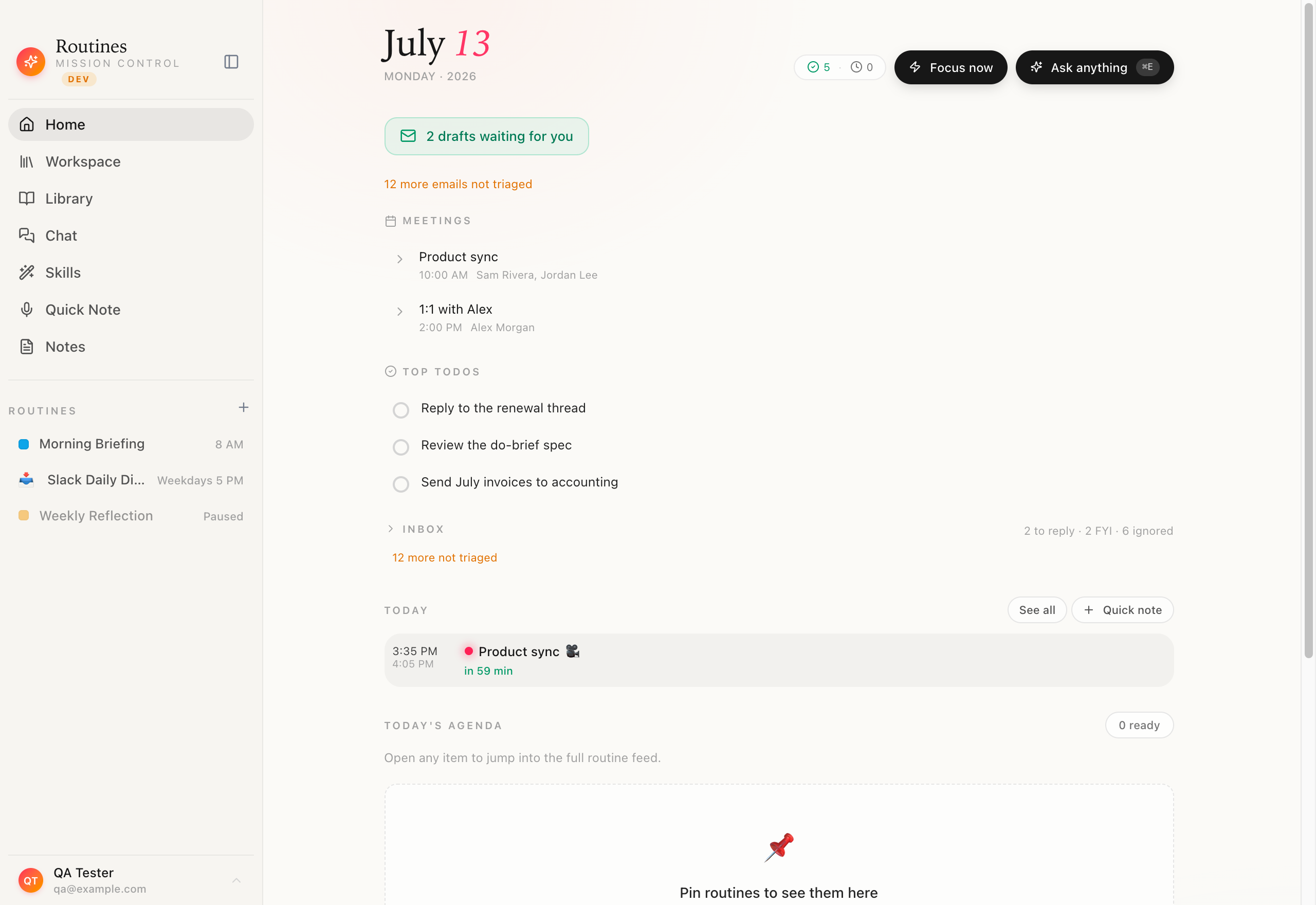The Routines home screen with a sidebar of scheduled routines — Morning Briefing daily at 8 AM, Slack Daily Digest, and Weekly Reflection — alongside the day's agenda and meetings