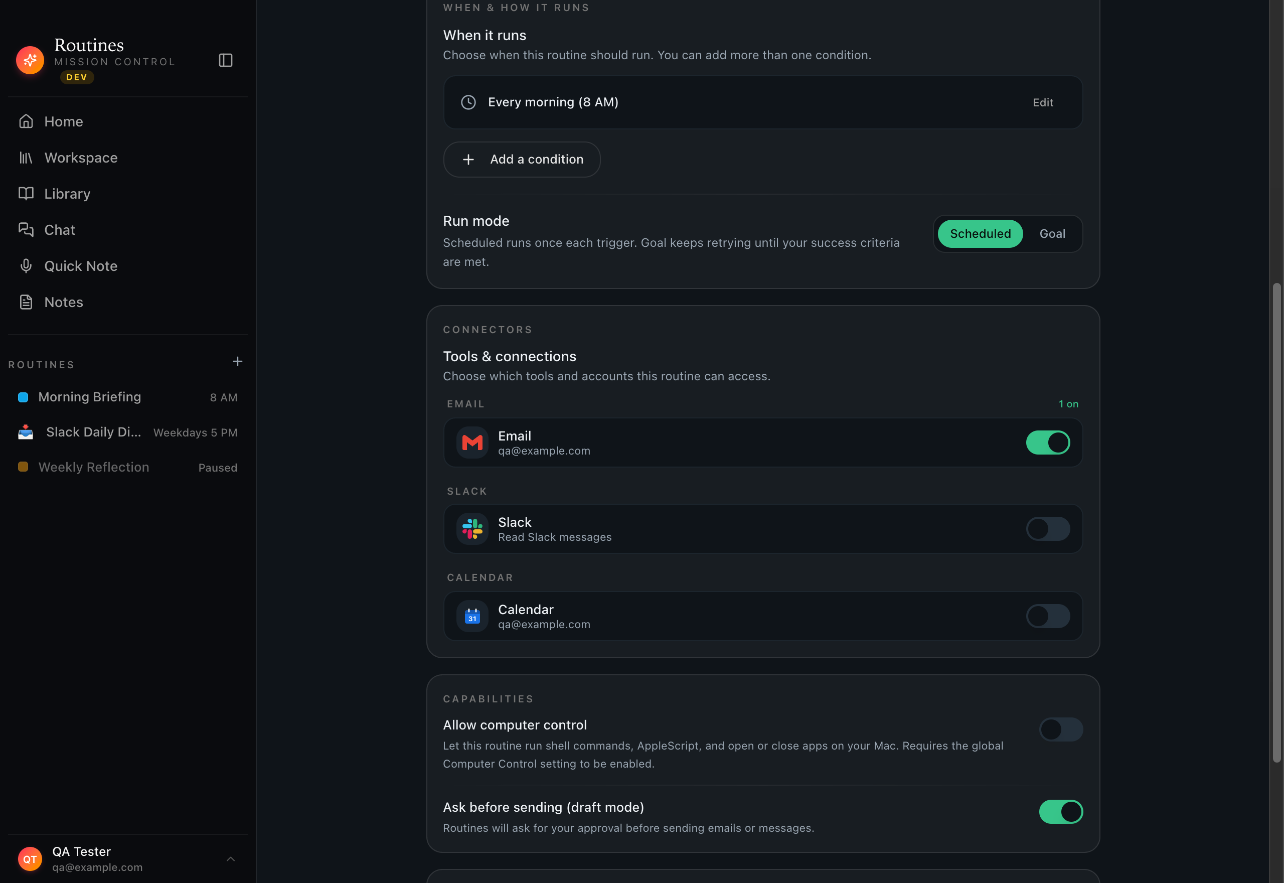 The Routines builder showing a routine set to run every morning at 8 AM, with connectors for Browser, Gmail, Slack, and Calendar that can be toggled on or off