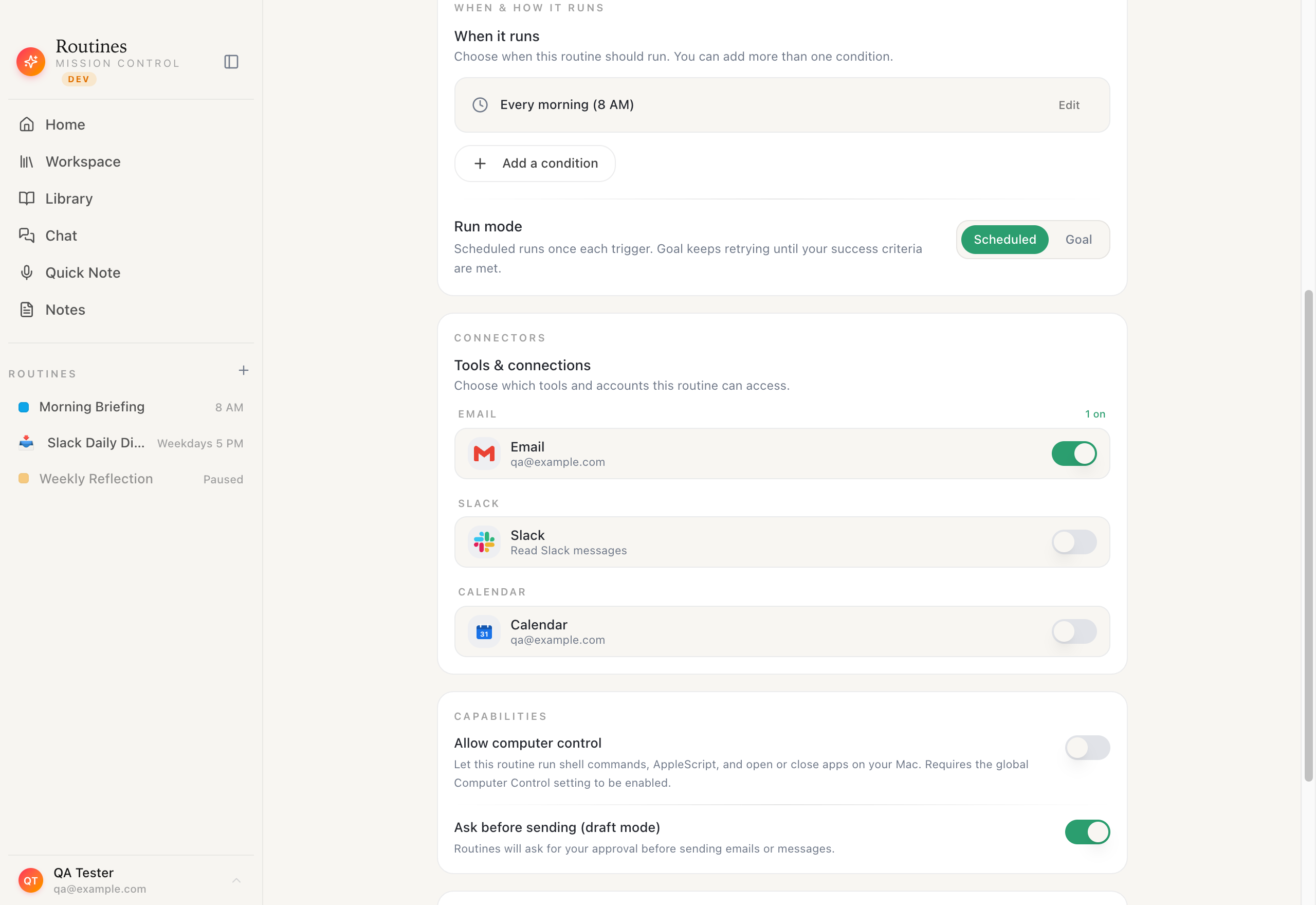 The Routines builder showing a routine set to run every morning at 8 AM, with connectors for Browser, Gmail, Slack, and Calendar that can be toggled on or off