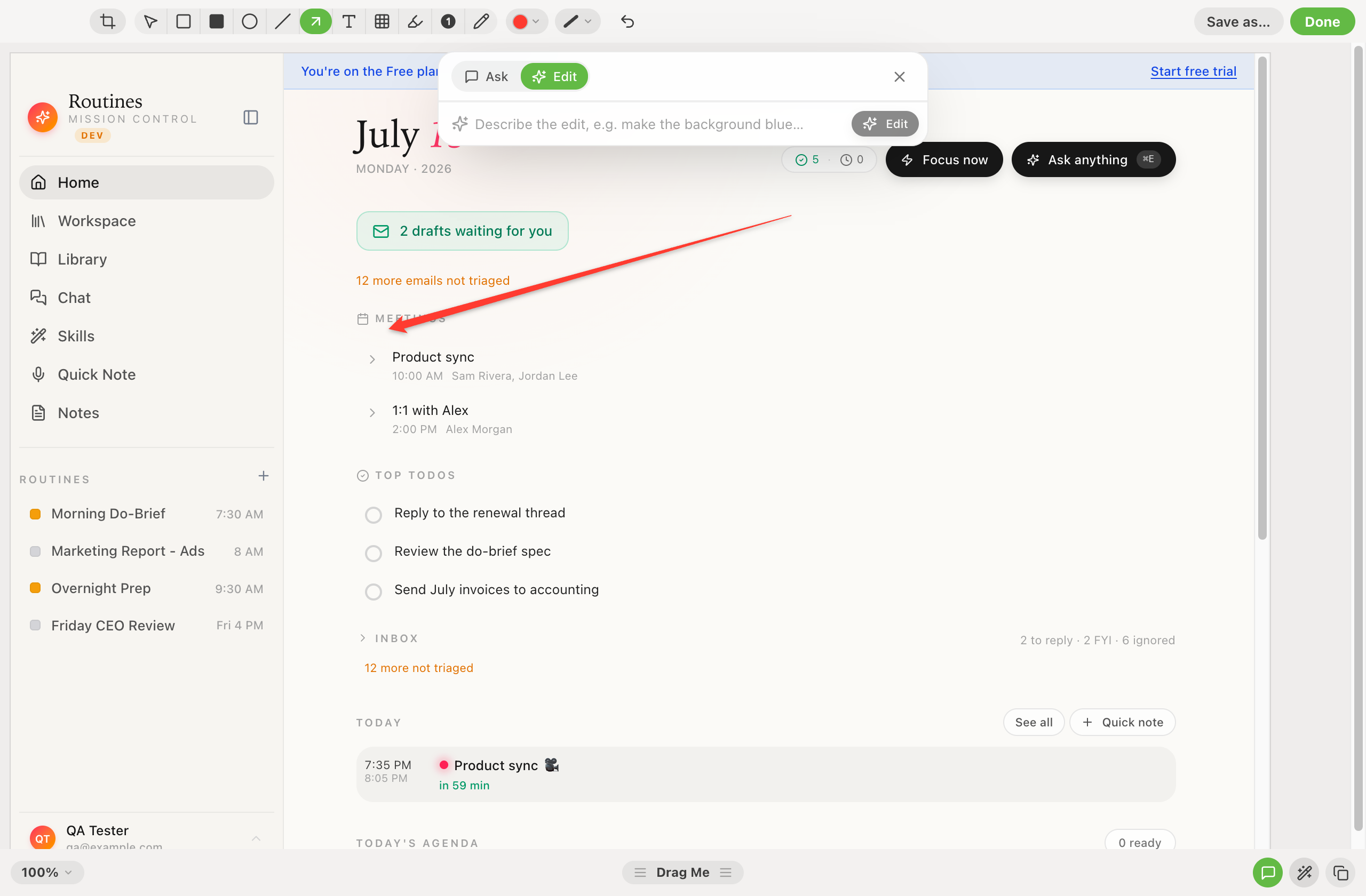 Routines annotation editor on the light theme with the AI Edit panel open, showing the Ask and Edit toggle and a prompt field reading 'Describe the edit, e.g. make the background blue'