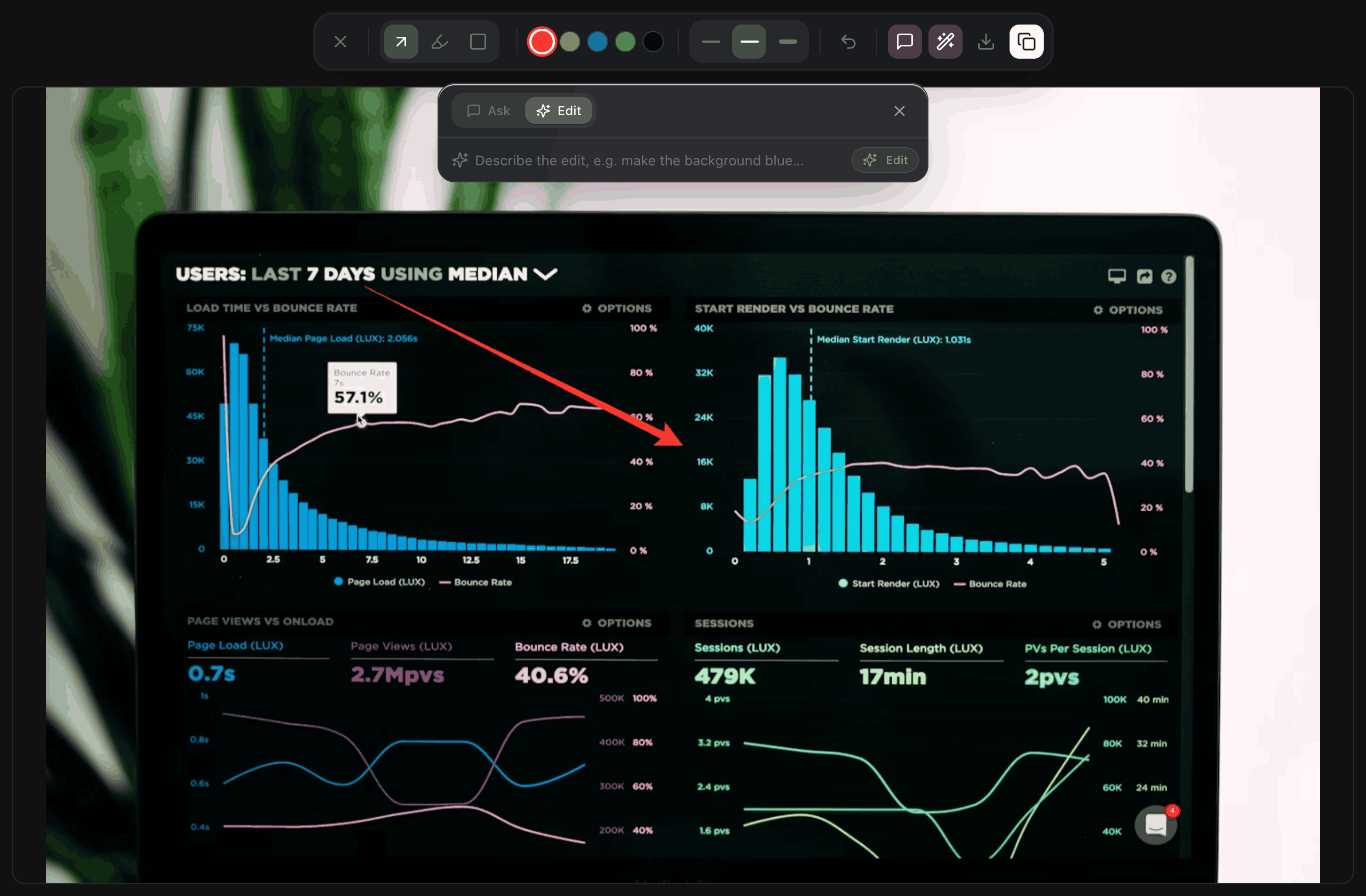 Routines annotation editor on the dark theme with the AI Edit panel open, showing the Ask and Edit toggle and a prompt field reading 'Describe the edit, e.g. make the background blue'