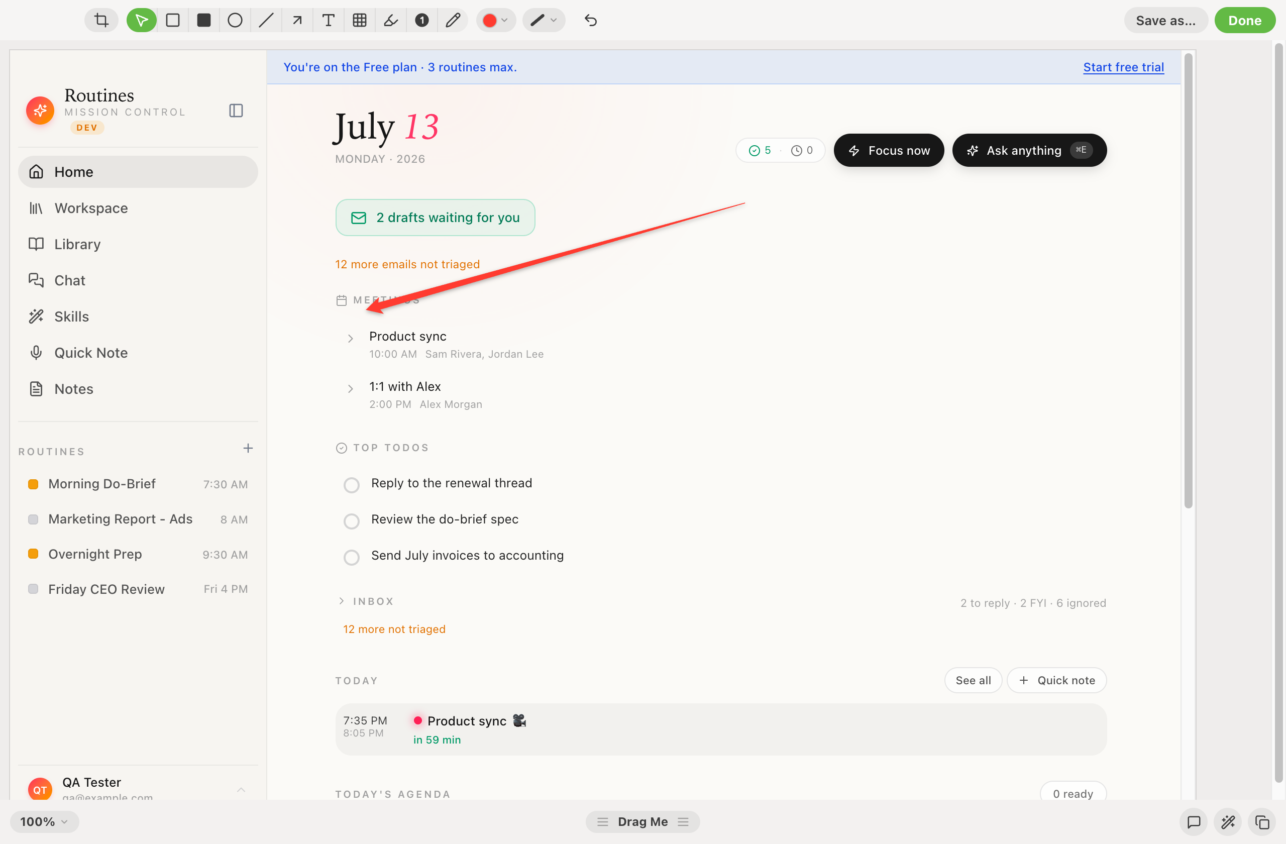 Routines annotation editor on the light theme, showing a red arrow drawn over a captured Mission Control screenshot, with the CleanShot-style annotation toolbar across the top
