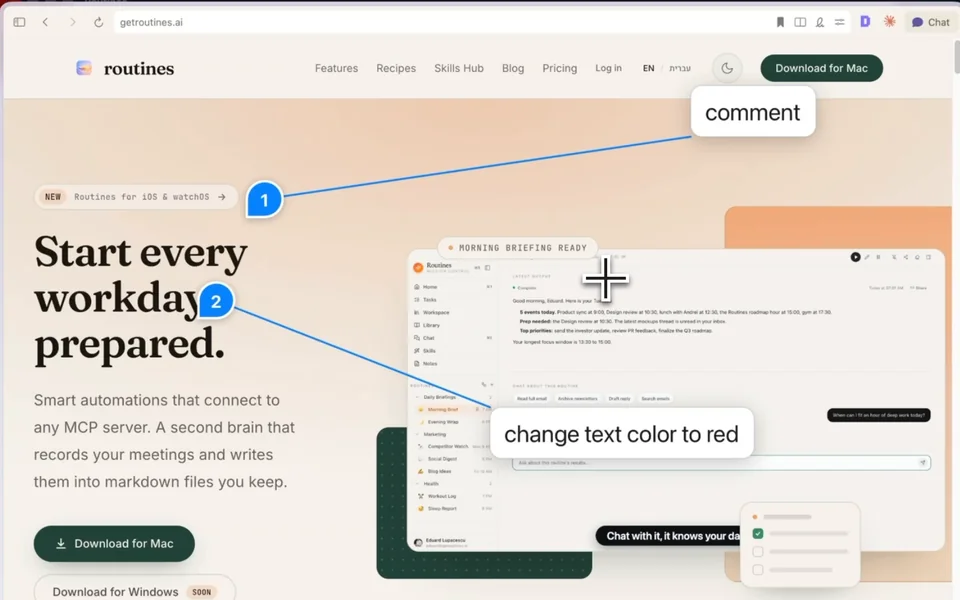 A captured web page in the Routines editor with two comments: pin 1 linked by a blue line to a card reading 'comment', and pin 2 linked to a card reading 'change text color to red'