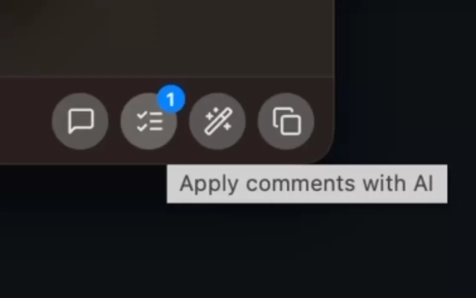 The Routines editor's bottom toolbar with a comments button showing a badge of 1 and a tooltip reading 'Apply comments with AI'