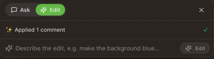 The editor's AI panel in Edit mode with a row reading 'Applied 1 comment' and a check mark