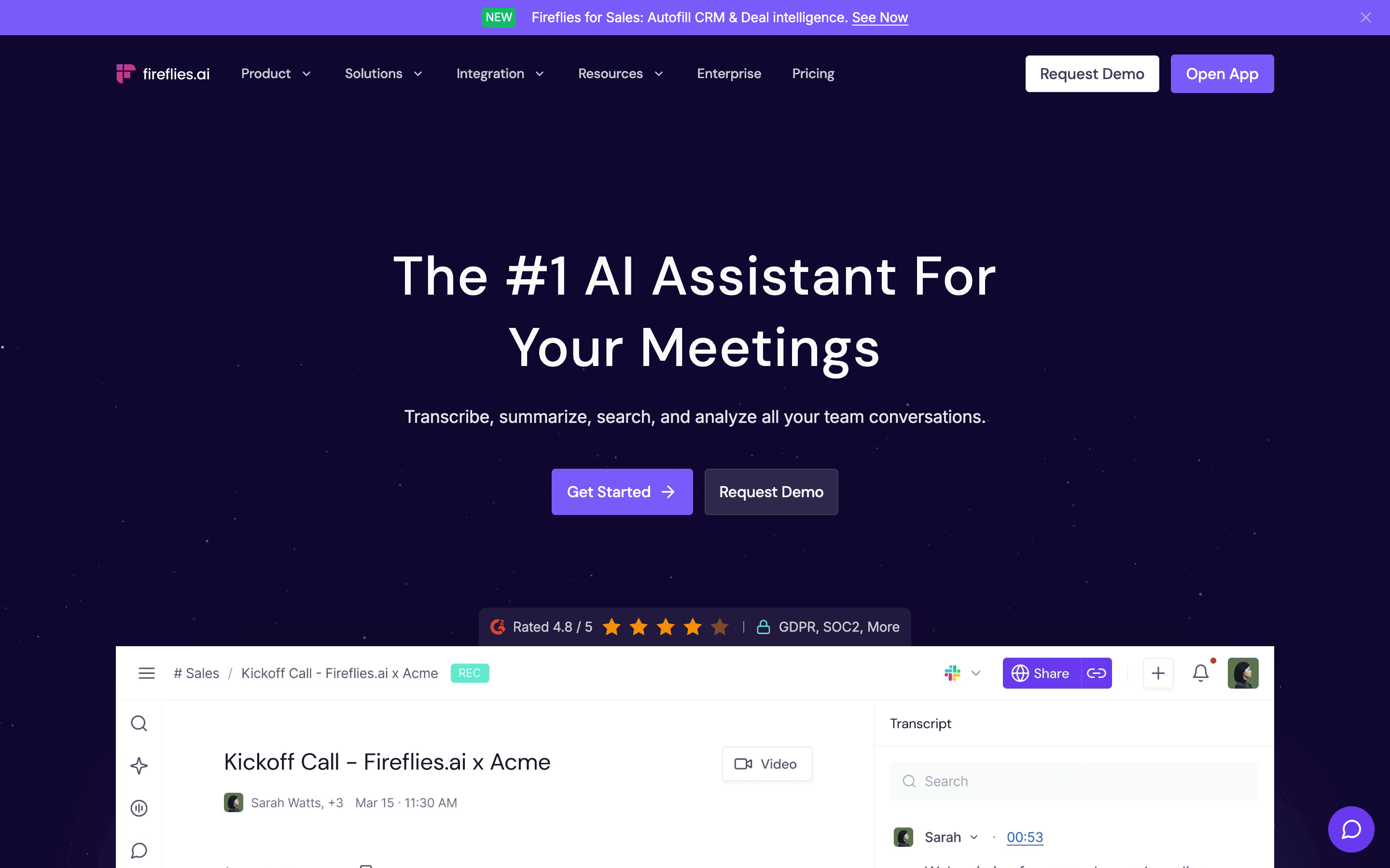 Fireflies AI homepage, the cloud AI meeting notetaker whose bot joins calls, covered by this privacy audit