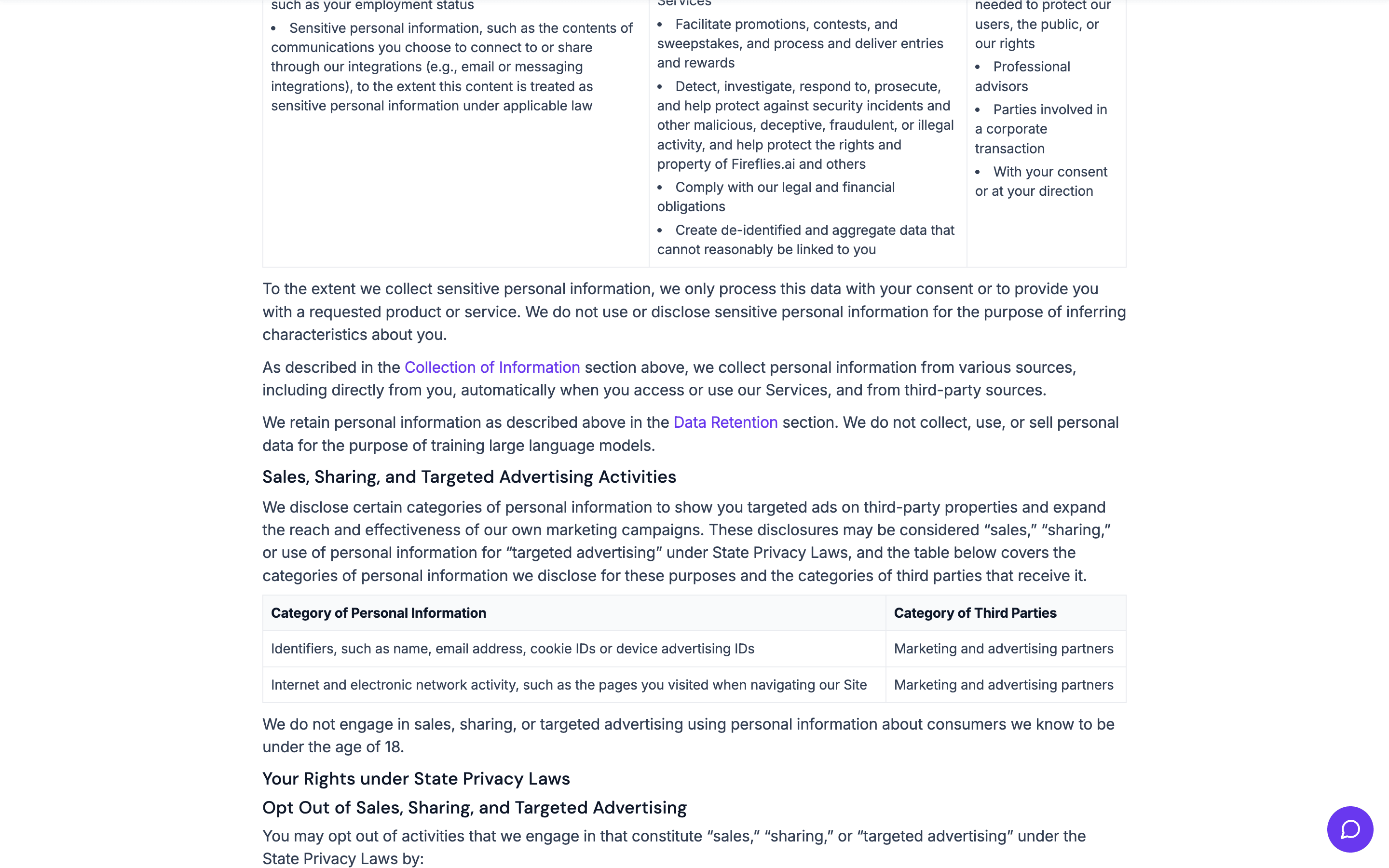 Fireflies AI privacy policy stating it does not use or sell personal data to train large language models