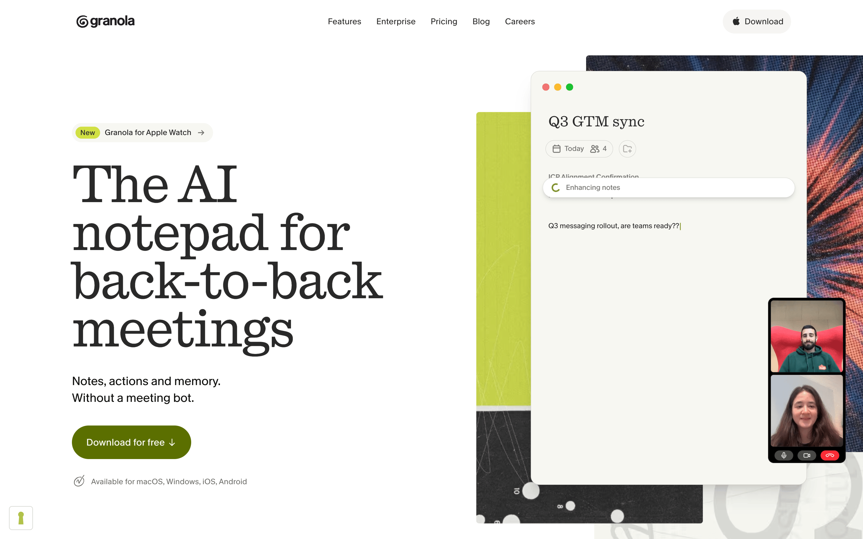 Granola homepage, the AI meeting notepad that records without a bot, the app this privacy audit covers