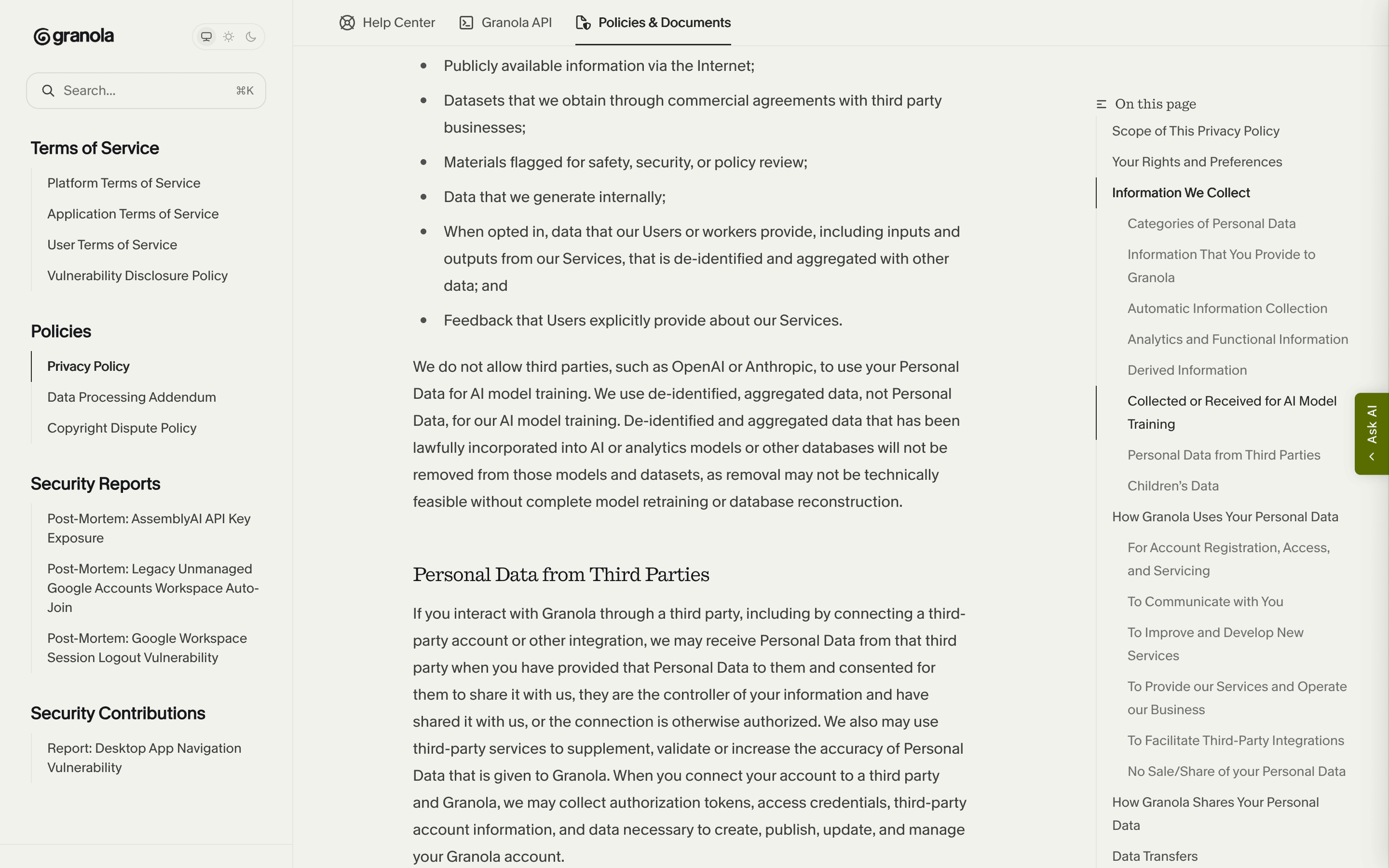 Granola AI privacy policy, the Collected or Received for AI Model Training section quoted in this privacy audit