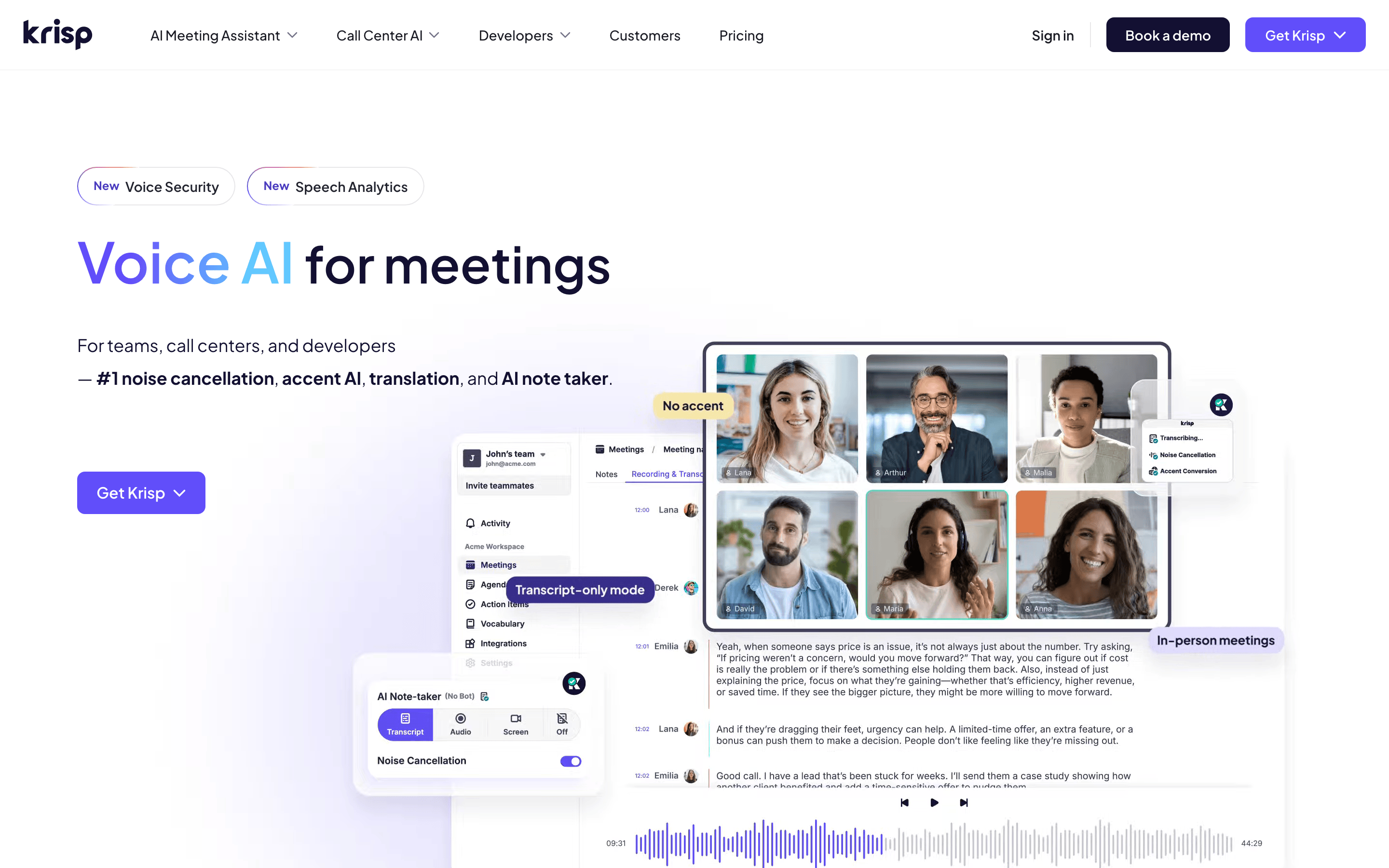 Krisp homepage, the AI noise cancellation and meeting assistant app this Krisp privacy and security audit covers
